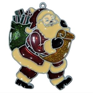 Vntg Handmade Stained Glass Santa Claus Checking His List Suncatcher Ornament